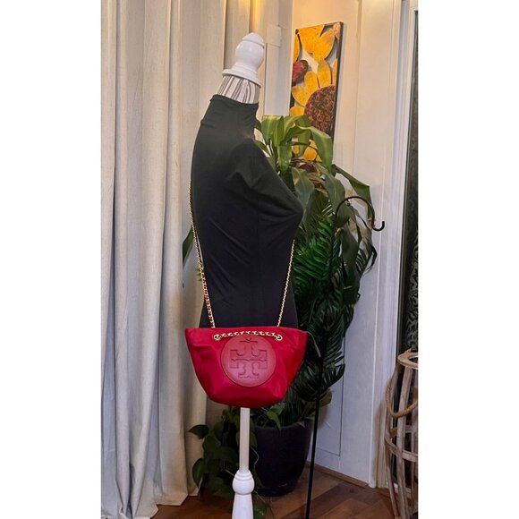 Tory Burch Red Nylon Chain Crossbody Tote With Logo Embossed Patch & Gold Accent - Picture 9 of 11